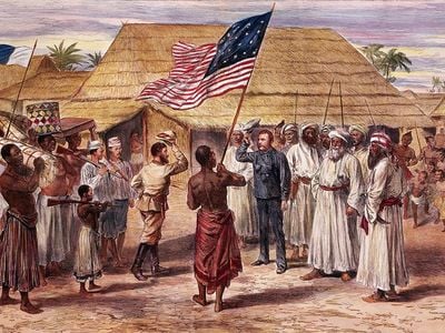 An illustration based on Livingstone's materials depicts the famous meeting of Livingston and Stanley at Ujiji, Lake Tanganyika in Africa. 