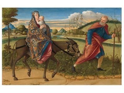 Vittore Carpaccio&#39;s Flight Into Egypt, c. 1515, depicts a scene from the Gospel of Matthew, in which Mary and Joseph flee the wrath of King Herod.