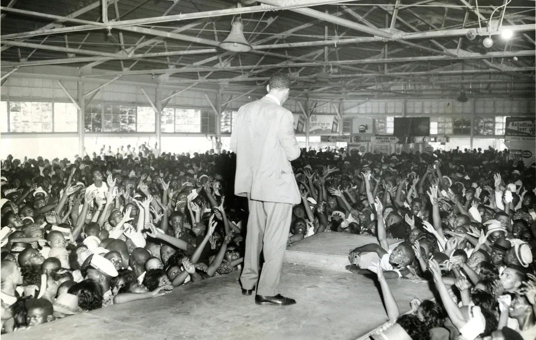 Performer Hoppy Adams broadcasts from Carr's Beach around 1953.