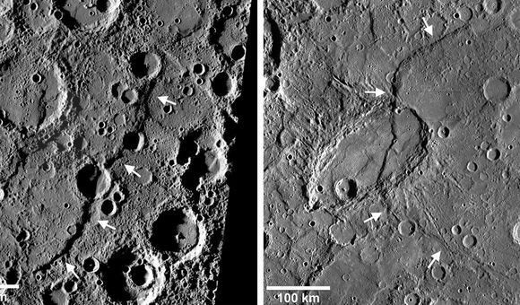 Two prominent lobate thrust fault scarps on Mercury, Discovery Rupes and Beagles Rupes, imaged by Mercury Dual Imaging System (MDIS) on the MESSENGER spacecraft. Discovery Rupes (left), named for the ship HMS Discovery, shown here in a MDIS high-incidence angle image mosaic, was first imaged by Mariner 10 in the mid-1970’s. Beagle Rupes (right), a bow-shaped fault scarp, was initial imaged during MESSENGER’s first flyby.