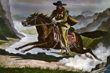 Watercolor illustration of a pony express rider
