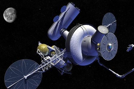 A way station and staging area for human missions to Mars and other deep space destinations could be positioned at an Earth-Moon libration point. This artwork shows a staging node at L-1.