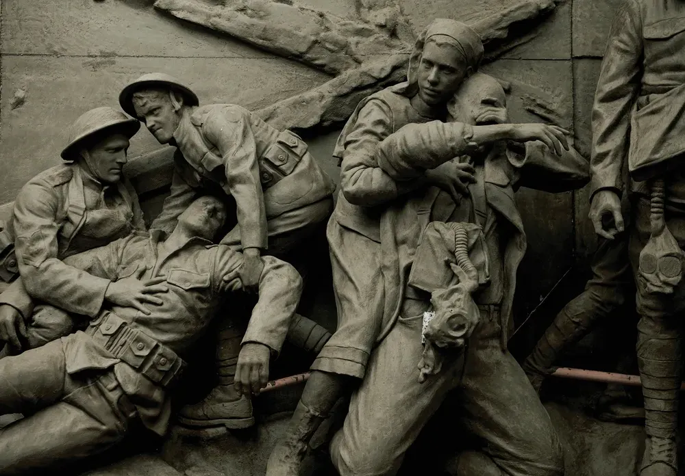 Close-up shot of clay sculpture depicting World War I soldiers