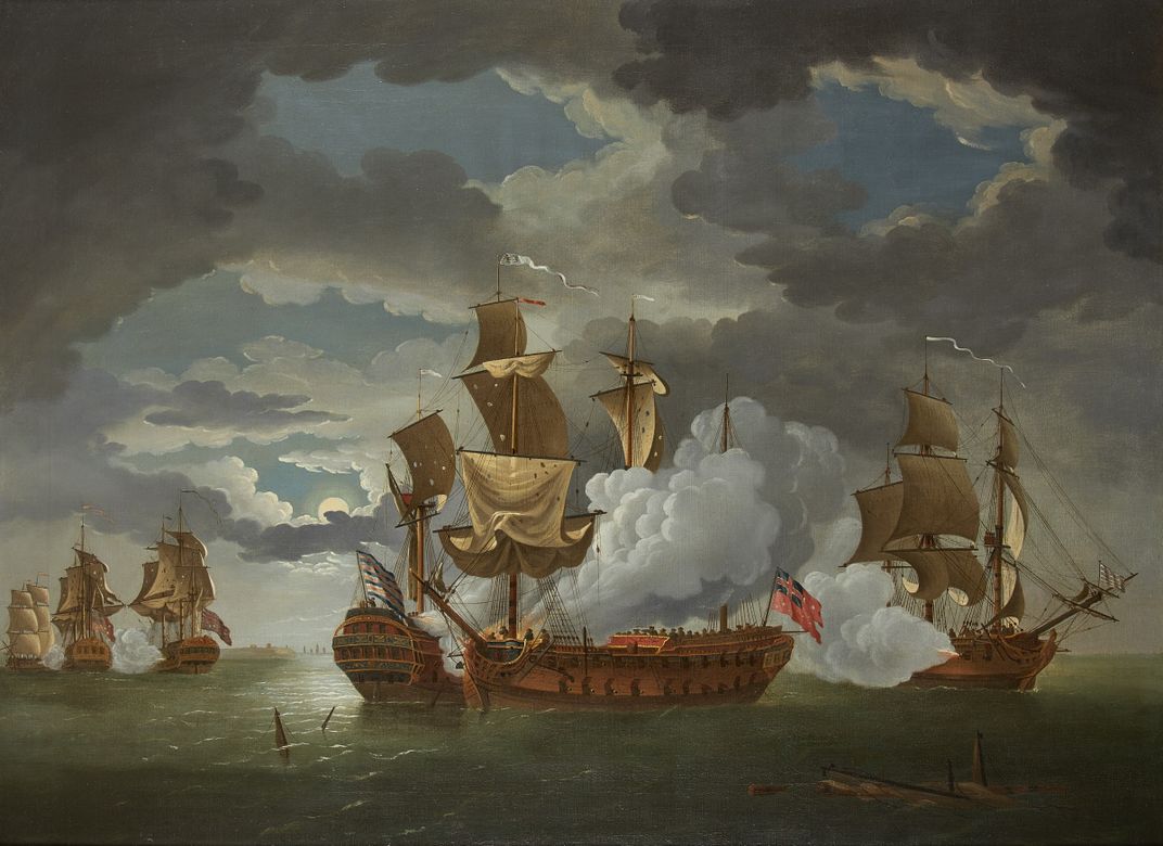 A Franco-American squadron engages a pair of British frigates on September 23, 1779.
