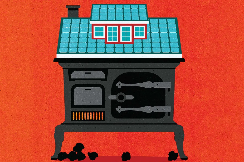 an illustration of a coal stove made to look like a house with solar panels on the roof