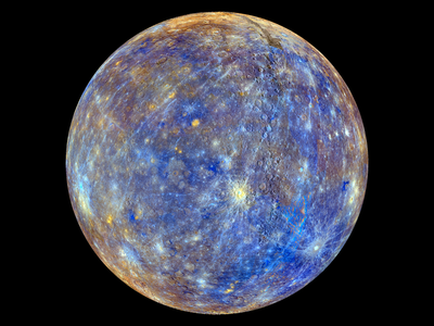 A false color view of Mercury that enhances the chemical, mineralogical and physical differences between the rocks on the planet's surface