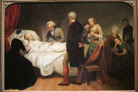 An illustration of Washington's imagined deathbed scene, painted about 50 years after his death.