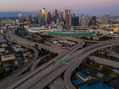 An aerial view of extremely light traffic on Los Angeles' 10 and 110 freeway interchange. California researchers note steep decrease in seismic noise in recent weeks as people remain at home.