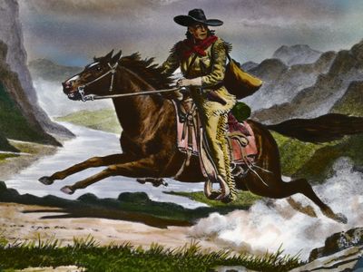 Watercolor illustration of a pony express rider
