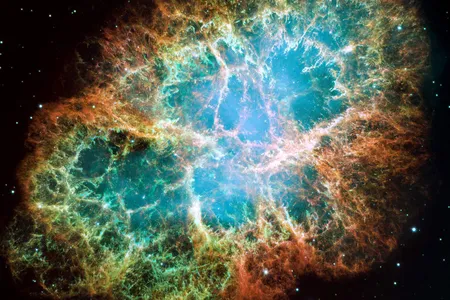 This large mosaic of the Crab Nebula, which formed after a supernova explosion, was assembled from 24 individual exposures captured by Hubble Space Telescope over three months.