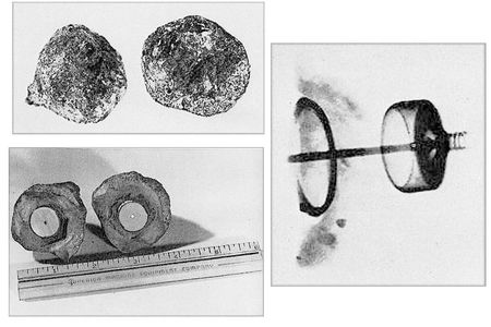 These grainy images, thought to have been originally published in a magazine dedicated to the paranormal, are all that remain of the "Coso artifact." The object itself hasn't been seen in decades. Clockwise from top: The "geode" in which the artifact was found, an x-ray of the interior, and a side view after the "geode" had been cut in half.