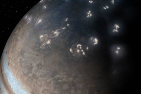 An illustration of lightning on Jupiter's northern hemisphere, using an image from the JunoCam.