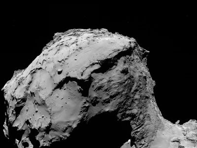 This Rosetta image of the “head” of the comet, which resembles the shape of a duck, was taken from a distance of about 10 miles during the final descent on September 30. 