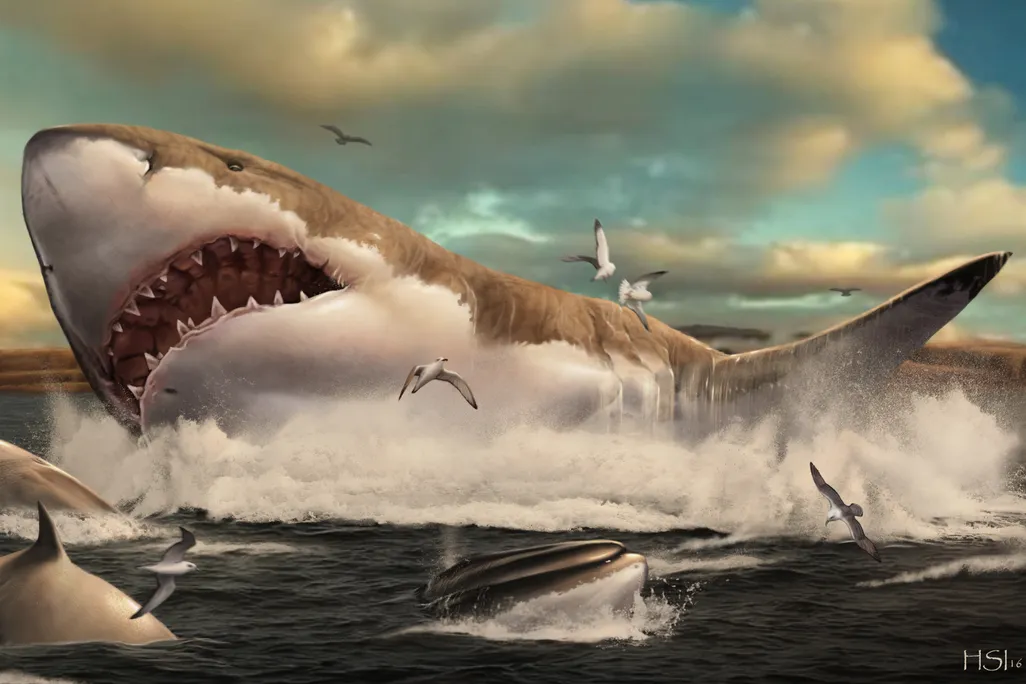 An artistic rendering of the megalodon among other marine animals.