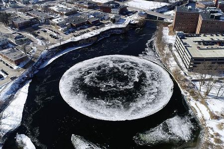 A drone captured the ice circle that formed on the Presumpscot River in Westbrook, Maine, last January.