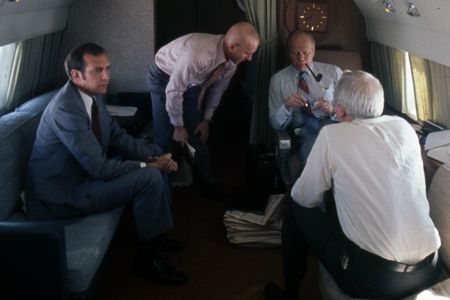 As vice president, Gerald Ford (with pipe) toured the country in a VC-131H, one of several in the executive fleet.