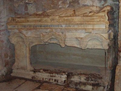 The sarcophagus at St. Nicholas church in Demre looted by crusaders, which archaeologists now believe did not contain the Saint's remains.