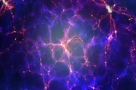 An impression of the large-scale structure of the universe, showing galaxy clusters and superclusters arranged in long filaments and concentrated at nodes.