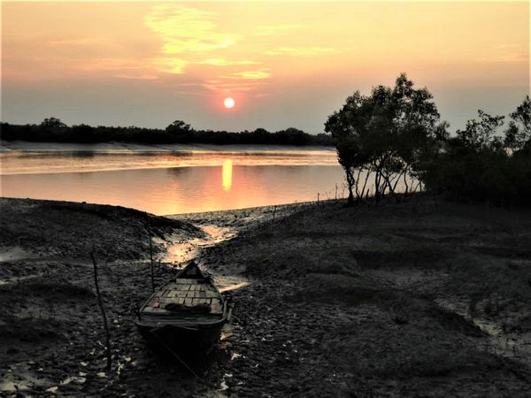 Sundarbans, West Bengal, India mangrove sanctuary fishing boat on shore at sunset thumbnail
