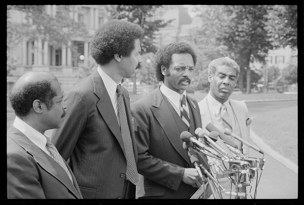 Jackson speaking at a press conference in 1979