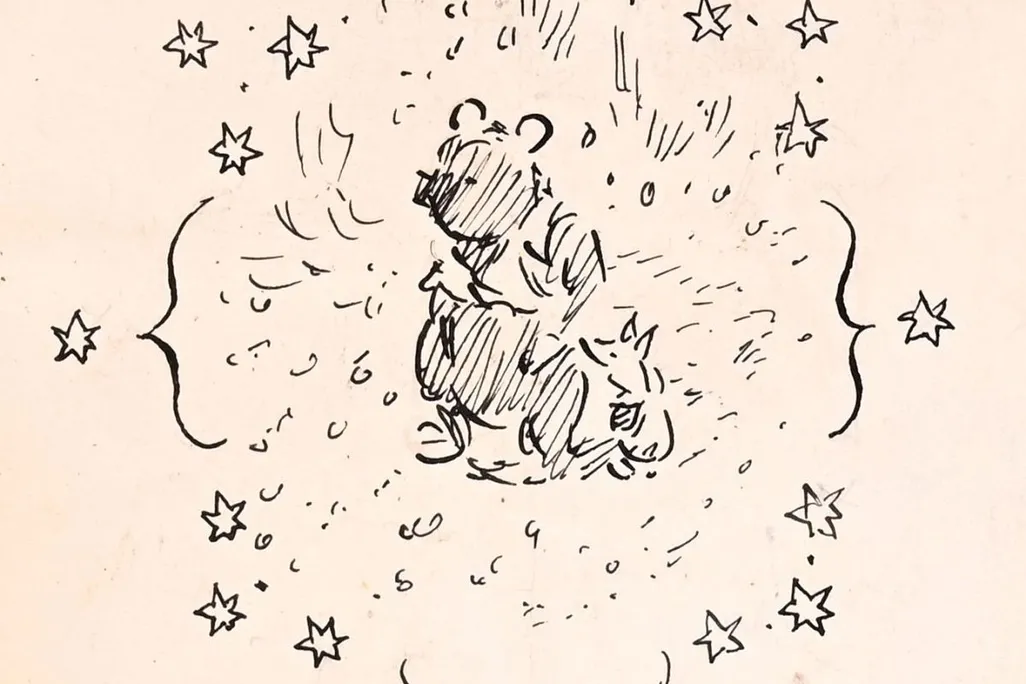 Black sketch of Winnie-the-Pooh against white backdrop