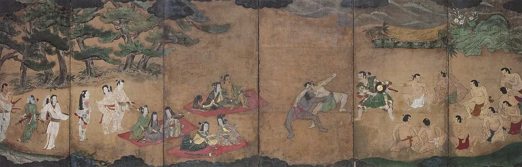 Circa 1605 panel painting possibly featuring Nobunaga and Yasuke
