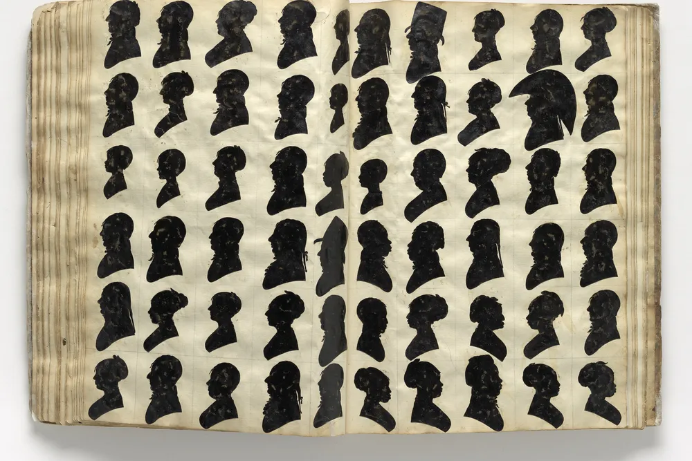Page spread from William Bache’s Silhouettes Album, black paper-coated silhouettes mounted on paper