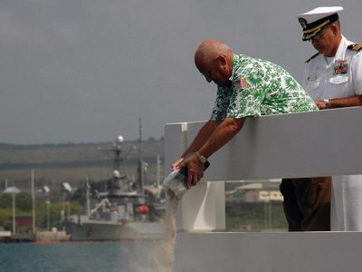 A Pearl Harbor Survivor Liaison scatters the ashes of Ed Chappell, who requested that his remains be scattered where his fallen shipmates died in 1941. 