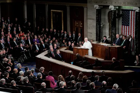 Pope Francis addresses a joint session of Congress, the first leader of the Catholic Church ever to do so, in Washington, D.C. on September 24, 2015. 