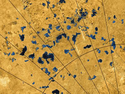 Colorized radar images from the Cassini spacecraft show some of the many lakes on Titan