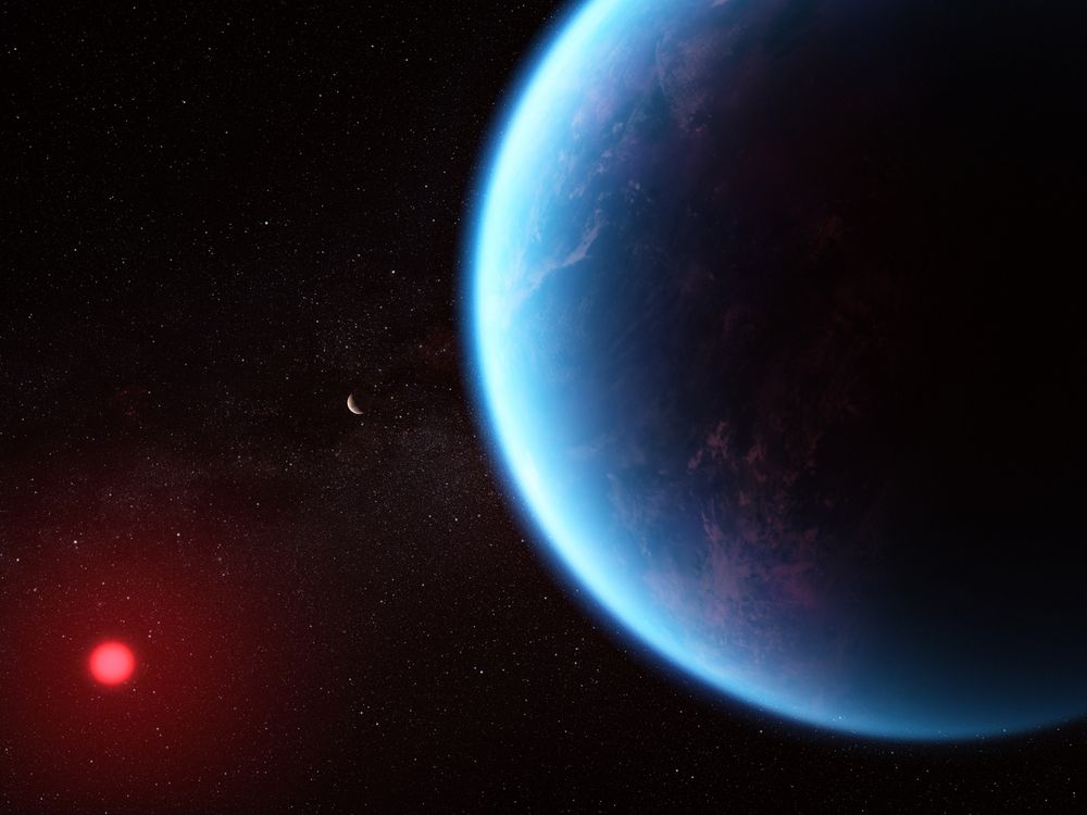 An artist's rendition of a blue, ocean-covered planet with a red star it orbits in the distance