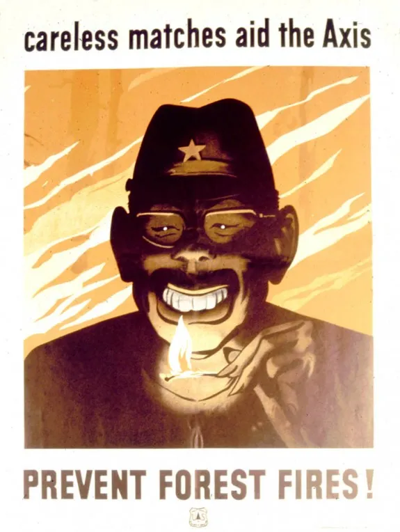“A highly caricatured Japanese soldier grins before a lighted match.” c 1942.