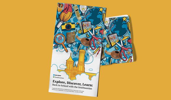 "Explore, Discover, Learn: Back to the School with the Smithsonian" guide on yellow background