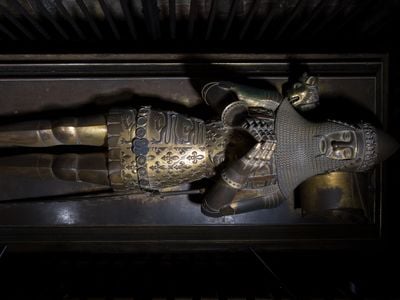 An overhead view of the armor-clad effigy on the Black Prince&#39;s tomb at Canterbury Cathedral in England.
