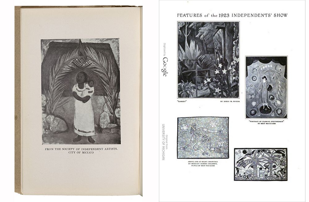 Page from the 1923 Society of Indpendent Artists catalog featuring a painting by Diego Rivera and a page from International Studio magazine featruing images from the SIA exhibition.