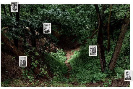 Babyn Yar, outside Kyiv, where 33,771 Jews were killed over two days in September 1941. The small portraits show unidentified Ukrainians, likely Jews, before the war.