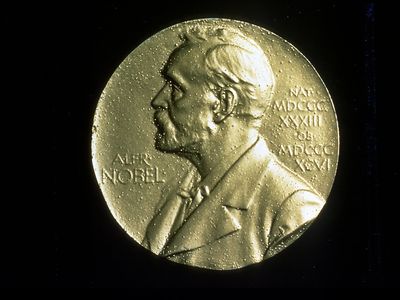 The front of a Nobel Prize medal.