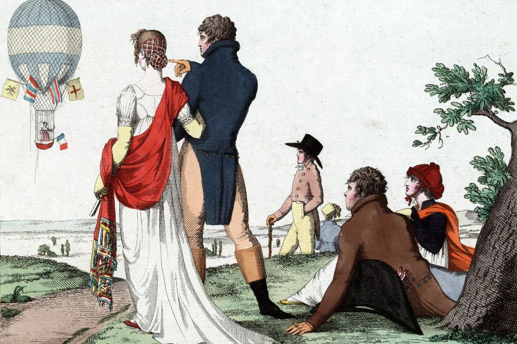 drawing of people in regency clothing watching a balloon flight