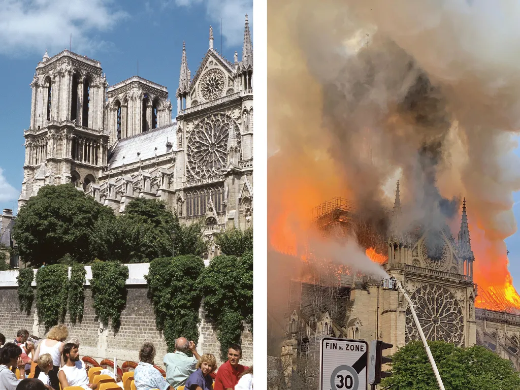 Notre-Dame de Paris before and during a fire