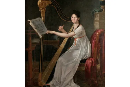 Portrait of Ad&egrave;le Papin Playing the Harp, oil on canvas, c. 1799. The 17-year-old sitter, the famously beautiful daughter of a prominent family, was later rumored to be Napoleon&#39;s mistress.&nbsp;