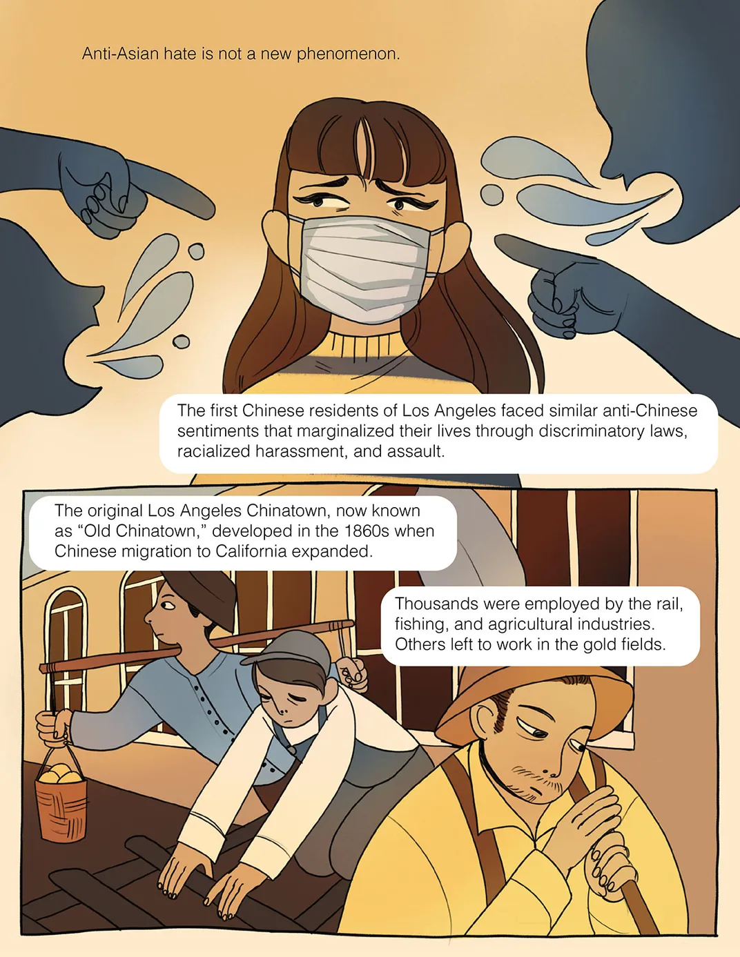 Illustrated comic page. Top panel: Two featureless, shadowy figures yelling and pointing at a masked Asian woman who has an apprehensive look on her face. Text: Anti-Asian hate is not a new phenomenon.