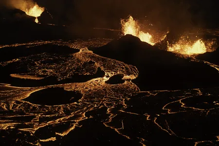 Lava erupts from the&nbsp;Sundhn&uacute;kur volcano on June 3, 2024, on the Reykjanes Peninsula near Grindavik, Iceland.&nbsp;The volcano has erupted five times since December 2023, forcing evacuations of Grindavik and the Blue Lagoon geothermal spa.