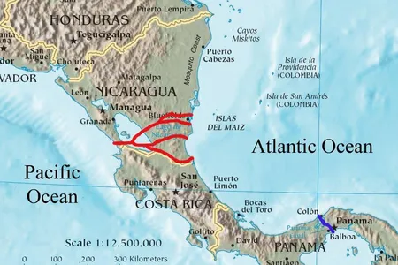 The proposed canal routes through Nicaragua. 