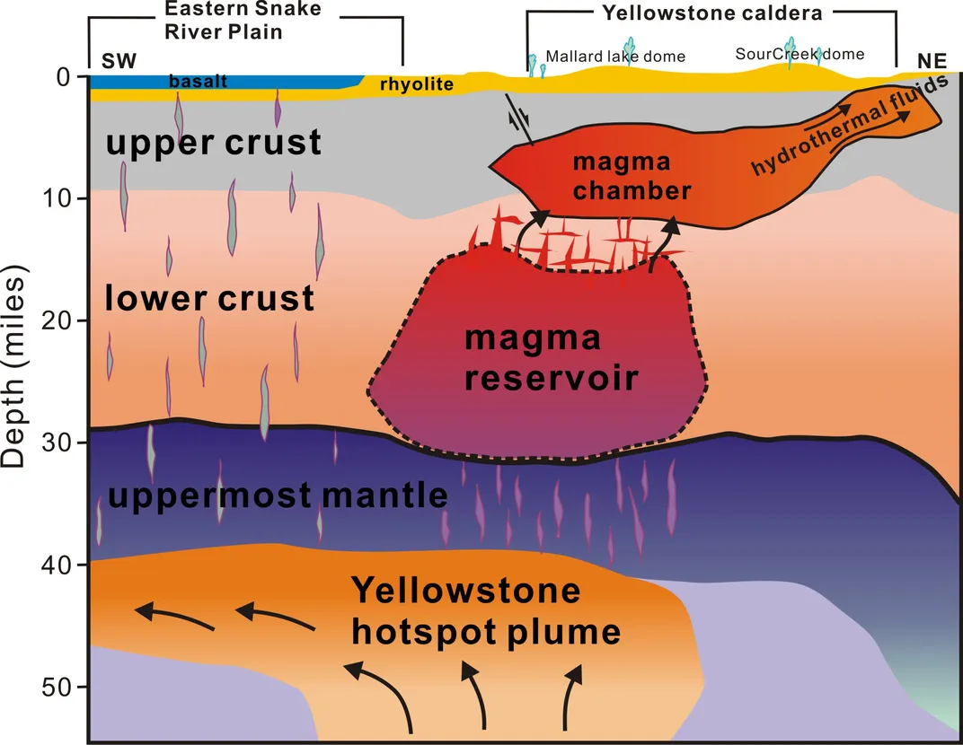shallow magma chamber in upper crust and magma reservoir in lower crust