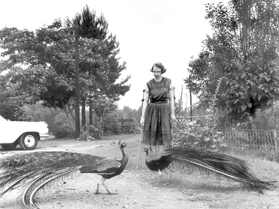 This 1962 photo shows author Flannery O'Connor in the driveway at Andalusia in Georgia.
