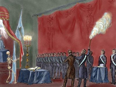 The initiation ceremony for a 19th century secret society, as imagined by an artist. 