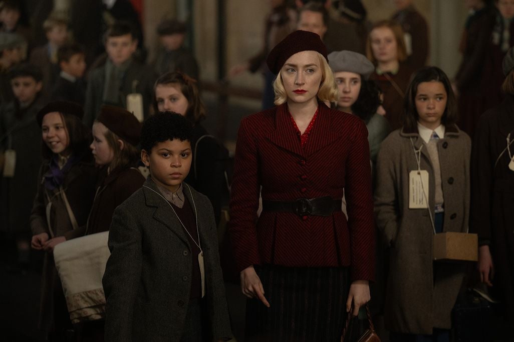 Elliot Heffernan (left) and Saoirse Ronan (right) in Steve McQueen's "Blitz"