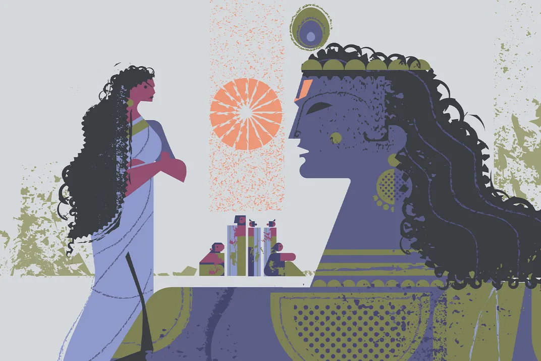 Lord Krishna counsels Queen Draupadi and her five husbands