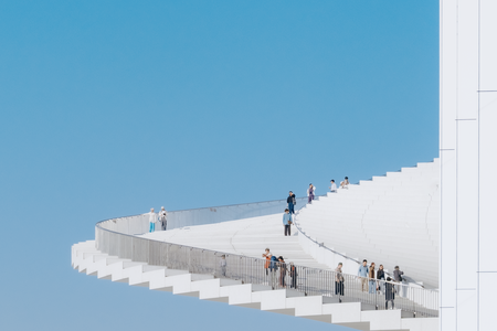 The opera house's spiral staircase connects the riverfront with the roof.