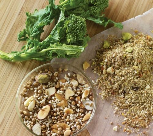 Dukkah, a blend of cumin, coriander, sesame and nuts with fresh broccoli.